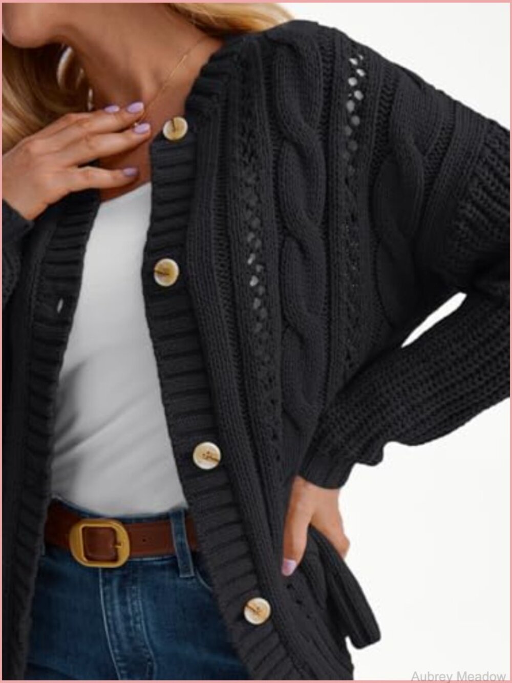 Cable Knit Crochet Cardigan Sweater Button Up Chunky Fall Jacket - Picture 5 of 5